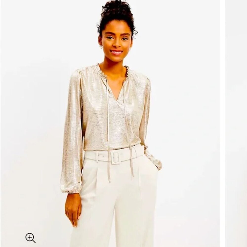 LOFT Shimmer Crinkle Ruffle Tie Neck Gold and Silver (Size: M)